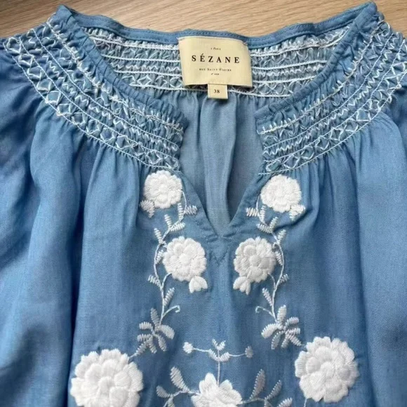Sezane Blue Floral Embroidered Top 36 - Picture 4 of 9